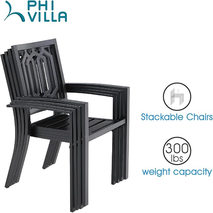 PHI VILLA 5 Piece Patio Dining Set Metal Outdoor Table and Chairs Furniture Set, 37" Square Bistro Table with Umbrella Hole and 4 Backyard Garden Chairs Support 300LBS for Deck, Lawn, Garden
