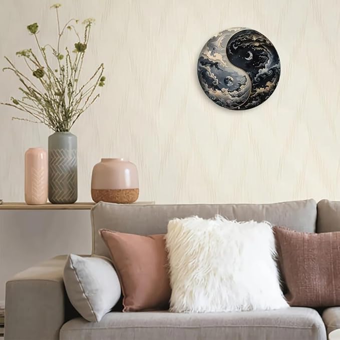 Metal Retro Shell Gasoline Wall Art, Creativity Art Decorations, Garden Sign Outside Decor，Wall Sculpture， Hanging Sculpture for Living Room Dining Room Bedroom Yard Outdoor Decor (The Sun and Moon Unite as one)