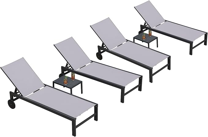 PURPLE LEAF Outdoor Chaise Lounge with Wheels for Outside 4 Pieces Aluminum Patio Lounge Chair with 5 Adjustable Position Recliner for Patio Beach Yard Pool Side Table Included Light Grey