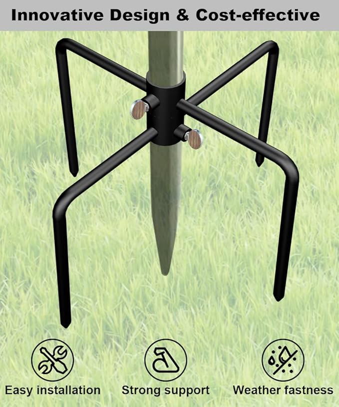 Garbuildman Pole Stabilizer Stand Base with 4 Prongs for Outdoor Bird Feeder Pole, In-Ground Support Applies to 0.74” to 1.1” Shepherds Hook, Black, 1 Pack, Measure Before Purchase