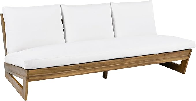 Christopher Knight Home Wicos Modern Acacia Wood Outdoor Sofa with Cushion, Wood Patio Sofa Chair Armless Design, Garden Backyard Outdoor Lounge Sofa Couch with Water-Resistant Cushion, Teak+White