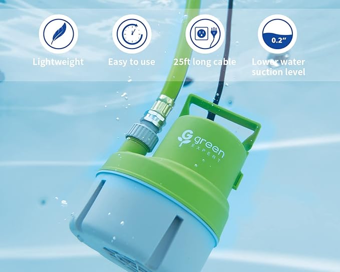 Green Expert Handy Utility Pump Submersible 1/6HP, 25-Foot Long Power Cord, Easy to Remove Water in Pools Hot Tub Flooded House Garden Pond Tankless Heater, Small Backup Pump for Household Drainage