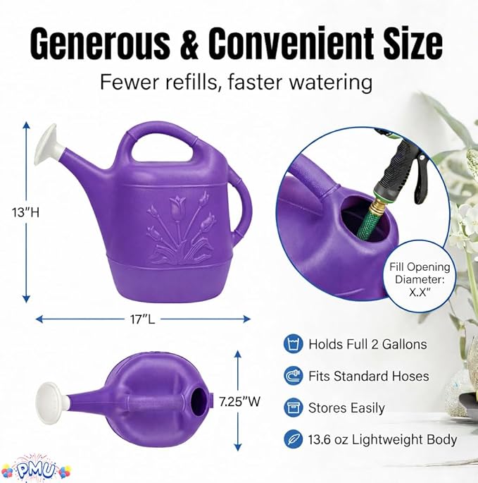 PMU 2 Gallon Watering Can - Garden Watering Can for Indoor & Outdoor Plants - Plastic Water Can with Detachable Sprinkler Head - Large Water Pot, Made in USA - Purple Pkg/1