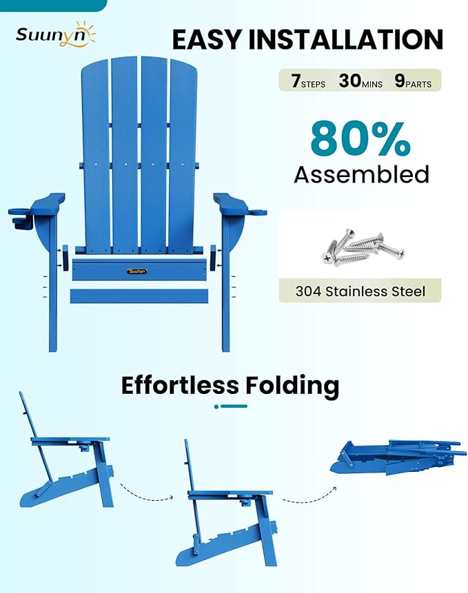 Folding Adirondack Chair 6 Pack, HDPE All-Weather Fire Pit Chairs, Plastic Adirondack Chairs with 2 Cup Holder, Outdoor Lawn Chair for Patio Garden (Royal Blue)