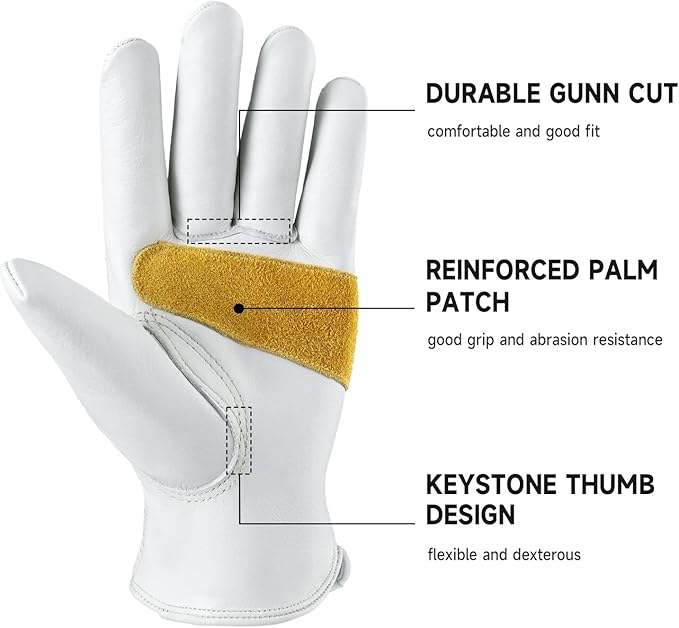 OZERO Gardening Work Gloves Men,3 Pairs Insulated Heavy Duty Cut Resistant Thorn Proof Leather Cowhide Mens Women Mechanic Garden Gloves for Driving Welding-Light Cyan XLarge