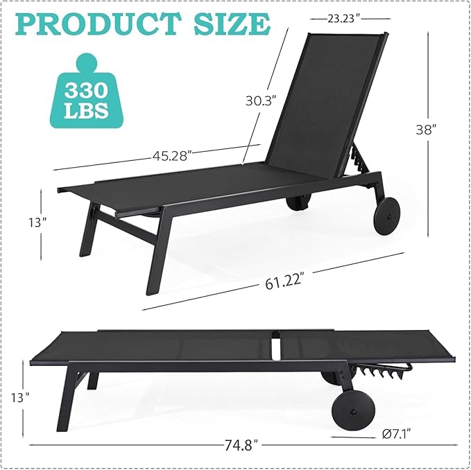 EROMMY Outdoor Lounge Chairs Set of 2 with Wheels – Adjustable Backrest Chaise Lounge, Lightweight Waterproof Pool Furniture for Patio, Garden & Beach