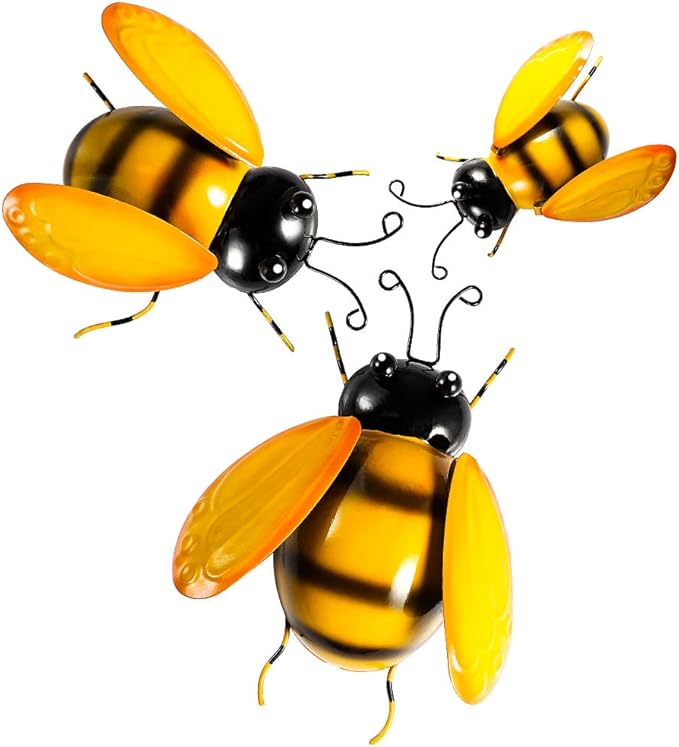 Vindar Metal Wall Art Bee Sculpture Garden Wall Art Decor Set of 3 Bee Outdoor and Indoor Decorative Art Wall Sculptures