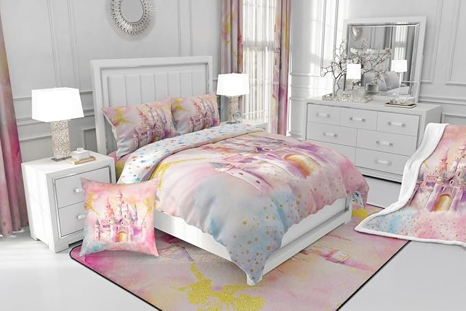 Erosebridal Women Girls Princess Bed Set King,Pink Castle Fairy Bedding Set Cute Bedroom Decor,Fairy Garden Kids Comforter Sets,Girly Princess Comforter Reversible,Lightweight All Season