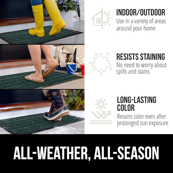 GORILLA GRIP 100% Waterproof All-Season WeatherMax Doormat US Designed Natural Rubber, Stain and Fade Resistant, Low Profile Indoor Outdoor Door Mats, Easy Clean Patio Mat, 23x35, Green Stripe
