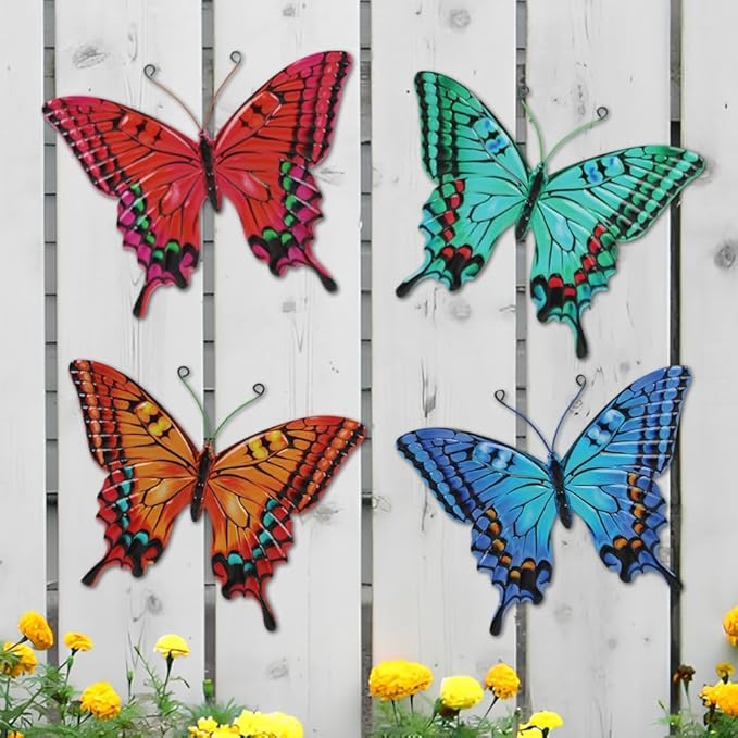 4 Pack Butterfly Wall Decor Art, Vivid Butterflies Outdoor Metal Wall Art with Colorful Pattern, Outdoor Garden Yard Fence Patio Decor Gift for Women Mom