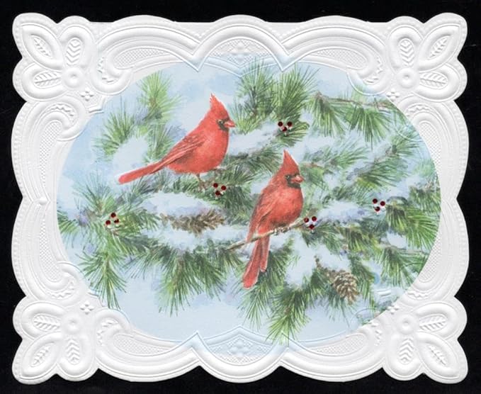 Christmas Holiday Cardinal Birds Portfolio Boxed Note Cards by Carol Wilson. 10 embossed 4x5 Die-Cut Notecards and Matching Envelopes in Decorative Gift Box with Magnetic Flap. NCPX2020