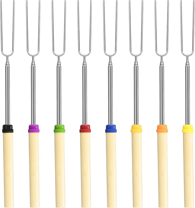 8 Pack Marshmallow Roasting Sticks Set, Extendable 32in Long Metal Barbecue Skewers with Wooden Handle, for Marshmallow, Hot Dogs, Camping, BBQ, Grill