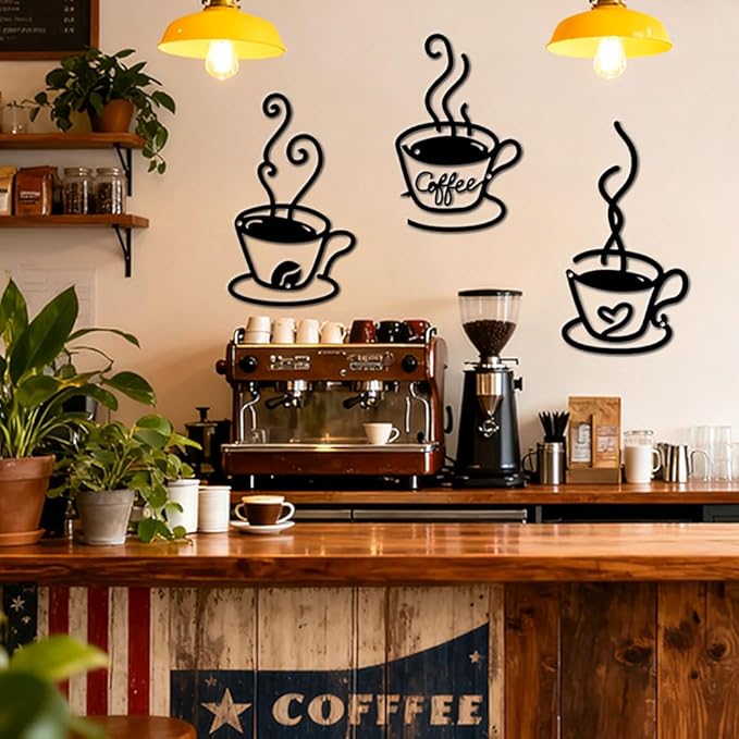 Kitchen Coffee Bar Metal Wall Decor - 3 Pack Rust-Proof Wall Art with Cup, Bean & Heart - Home Bar Signs for Indoor & Outdoor, Living Room, Kitchen, Garden - Housewarming Gift for Coffee & Tea Lovers