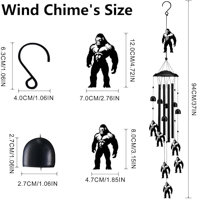 Bigfoot Wind Chimes for Outside/Indoors, Bigfoot Gifts for Women Mom Grandma, Aluminum Tubes Windchimes S Hook, 37" Wind Chime Hanging Decor for Home Patio Garden Porch Yard (Black-Bigfoot)