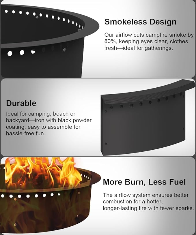 28 Inch Smokeless Fire Pit Ring Insert Outdoor, Heavy Duty Metal Steel DIY Firepit Rim Liner Round Campfire Rings for Outside Wood Burning Above or In-Ground, Black