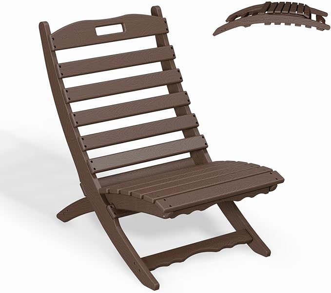 GREENVINES Folding-Xavier-Chair | Wave | Portable Adirondack-Chairs | HDPE Plastic | All Weather Fire-Pit Chair | Wood Grain | Dark Brown | for Beach Outdoor Deck Poolside Garden Patio Porch Fishing