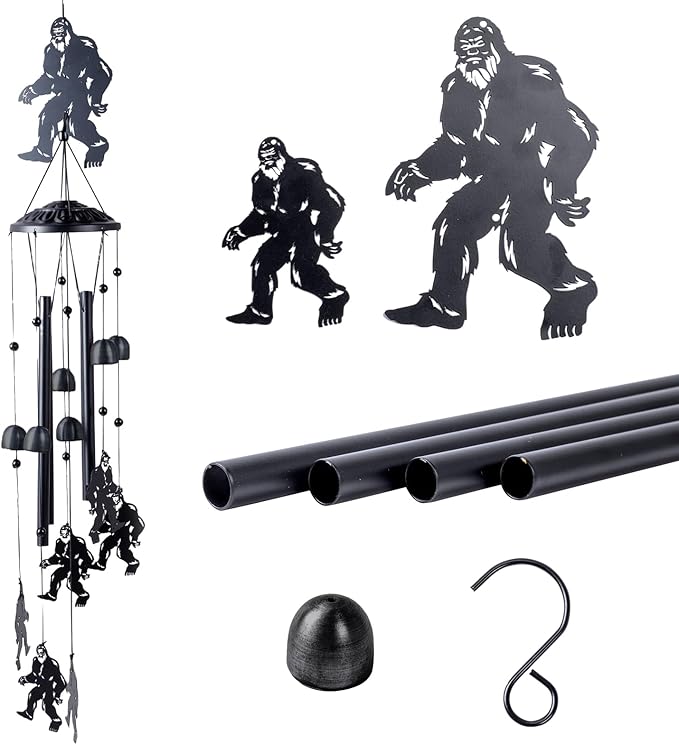 Bigfoot Gifts for Men and Women, Metal Bigfoot Wind Chimes with 6 Chimes and 4 Aluminium Tubes, Sasquatch Gifts for Outside Home Lawn Porch Patio Garden Decor, Yard Decoration(Black)