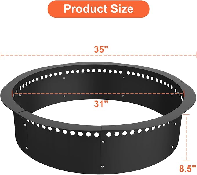 Smokeless Fire Pit Ring, 35 inch Outer/31 inch Inner Heavy Duty Large Solid Steel Firepit Liner for Outside Wood Burning, DIY Campfire Ring Above or In-Ground for Outdoor