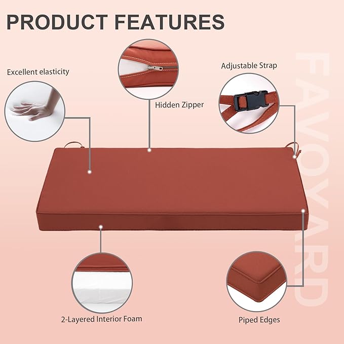 Favoyard Outdoor Bench Cushion 59 x 18 Inch Waterproof Patio Furniture Cushions 3-Year Color Fastness Garden Sofa Settee Couch Swing Pads with Handle and Adjustable Straps, Spice
