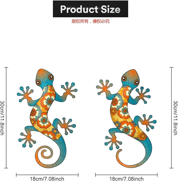 Metal Gecko Wall Decor - 2 Pack Gecko Wall Hanging Sculpture for Indoor and Outdoor, Garden Yard Fence Porch Home Tree Decorations, Idea Gifts for Mom Friends