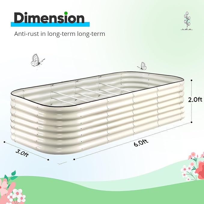 Quictent Galvanized Raised Garden Bed Kit, 6x3x2 ft Oval Metal Planter Box Tall for Vegetables Outdoor Backyard, Rubber Strip Edging Included, Beige