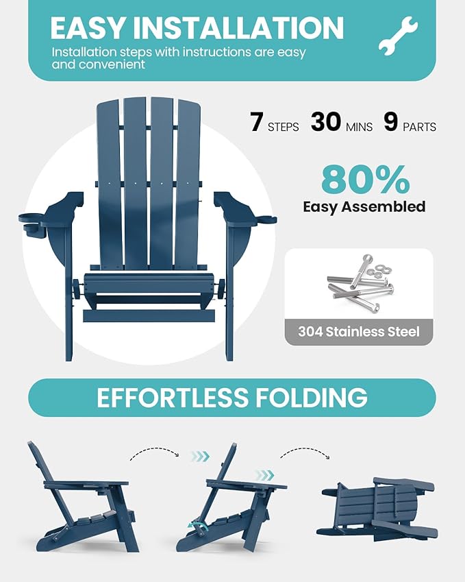 Folding Adirondack Chair 6 Pack, HDPE All-Weather Fire Pit Chairs, Plastic Adirondack Chairs with 2 Cup Holder, Outdoor Lawn Chair for Patio Garden (New Blue)