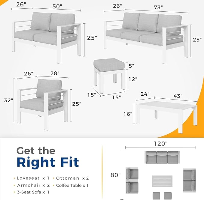 Wisteria Lane Aluminum Patio Furniture Set for All Weather, Oversized Metal Outdoor Furniture Set with 27.5" Deep Seat and 10" Back Cushion, Patio Conversation Sets with Wide armrest, White