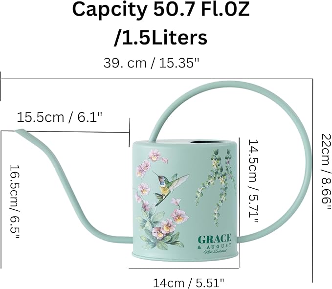 Watering Can for Indoor House Plants & Spray Water Mist Bottle - Cute Decorative Metal Gardening Small Water Can for Houseplants & Flowers with Long Spout - 1.5L 51floz 0.4 Gallon (Hummingbird Sage)
