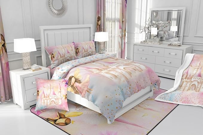 Erosebridal Princess Full Comforter Set for Girls Kids,Pink Castle Fairy Bedding Set Cute Bedroom Decor,Dreamy Princess Bed Set,Fairy Garden Coquette Comforter Reversible with 2 Pillowcases