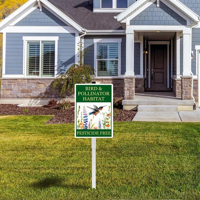 Bird and Pollinator Habitat Pesticide Free Yard Sign With Stakes 8X12 inches Rustproof Reflective Aluminum Pollinator Friendly Garden Sign Stand Hummingbird Outdoor Decor