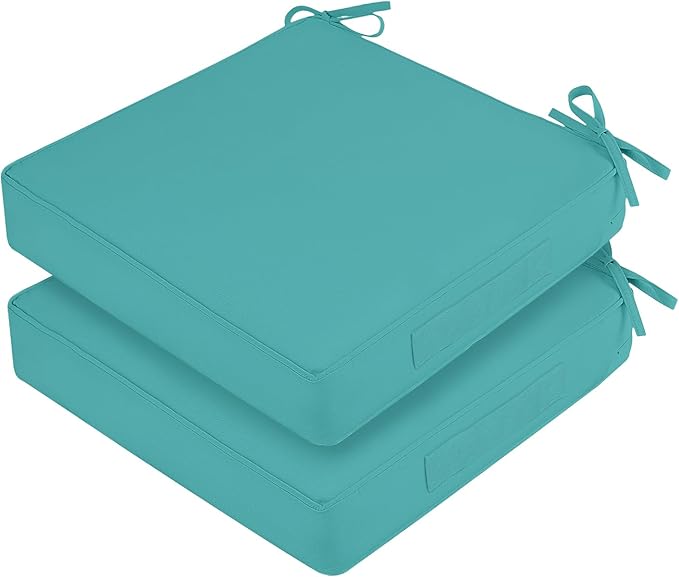 Waterproof Outdoor Chair Cushions Set of 2, Square Outdoor Seat Cushions with Ties and Removable Covers, 24 x 24 Outdoor Cushions for Patio Furniture with Portable Handle(Teal)