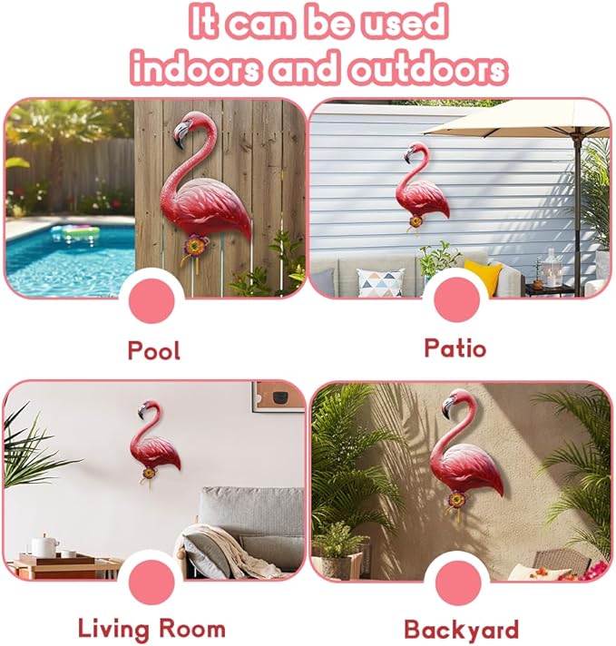 Large Pink Flamingo Wall Decor-Tropical Bird Decor for Indoor Outdoor, Metal Flamingo Outdoor Wall Art Decor Rust-Resistant, Wall Hanging Present for Garden & Home Decor