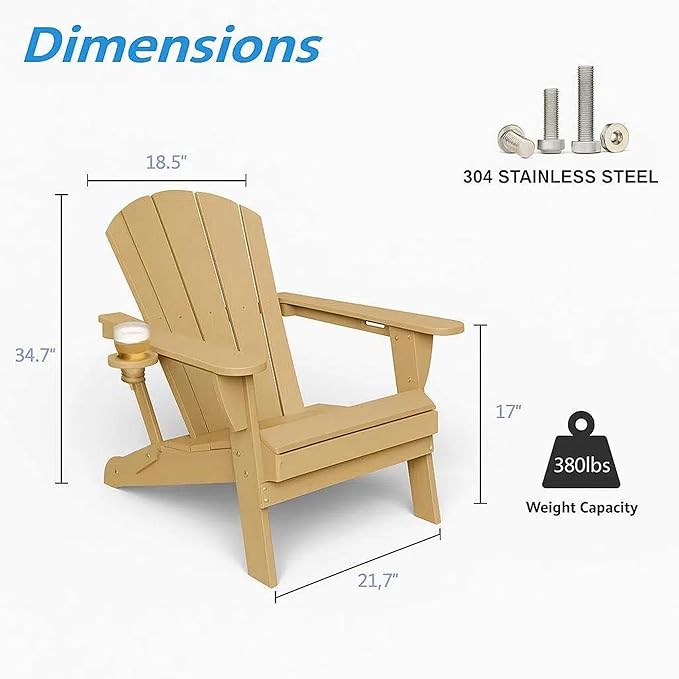GLANC Folding Adirondack Chair Set of 2, HDPE All-Weather Outdoor Patio Fire Pit Chairs Lawn Chair for Poolside Backyard Deck Balcony, Wooden Textured with Cup Holder, 380LBS Capacity (Brown)