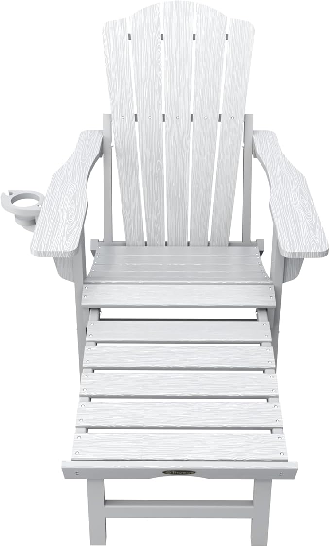Folding Adjustable Adirondack Chairs with Ottoman & 1 Cup Holders, HDEP Multifunctional Adirondack Chair with Footrest,White