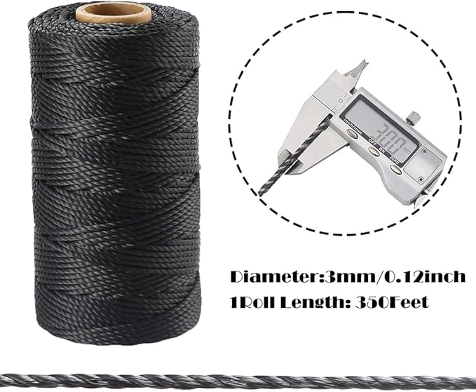 Black Nylon Twine, 350ft 3mm UV Resistant Nylon Cord Twine for Garden, Fishing, Wrapping, Camping and Outdoor Survival, Netting Home Improvement