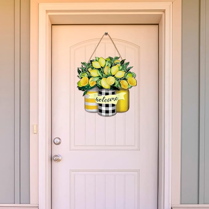 Karenhi Lemon Welcome Wooden Sign for Front Door Lemon Wooden Hanger Summer Door Sign Wood Spring Hanging Decorations Farmhouse Porch Decor for Outdoor Housewarming Gift