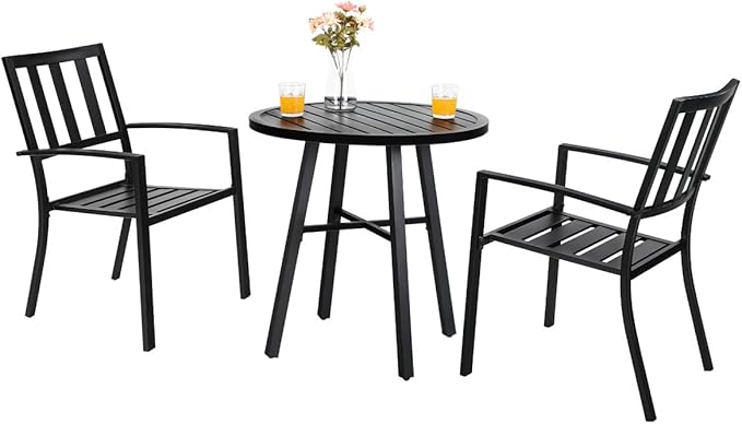 PHI VILLA 3 Piece Outdoor Patio Bistro Dining Set, Slatted Metal Round Table & 2 Patio Chairs, Outdoor Furniture Set for Porch, Deck