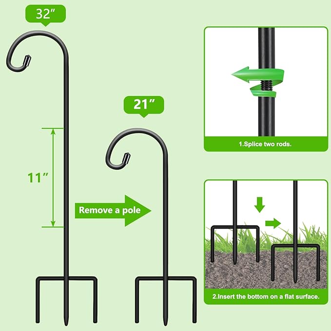 FEED GARDEN Adjustable 32 Inch Small Shepherd Hooks for Outdoor, Garden Hooks for Lanterns, Sheperd Hook for Hanging Plants, Bird Feeders, Solar Lights, Mason Jars, Weddings Decor,1 Pack
