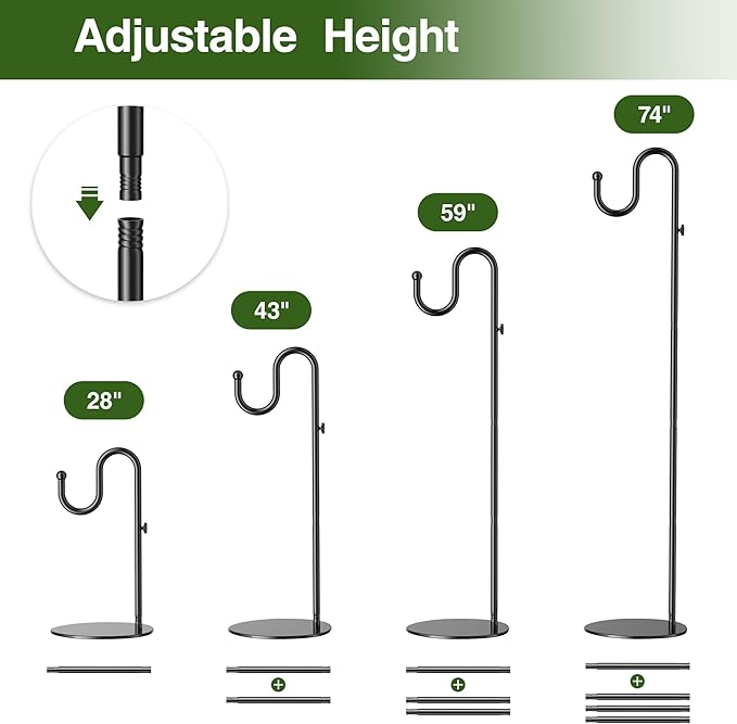 74" Shepherds Hook Stand: Hanging Wind Chimes, Bird Feeders, Plants, Lanterns and Wreath, Adjustable Free Standing Pole Holder with Heavy Duty Base for Indoor & Outdoor, Holds Up to 20 LBS