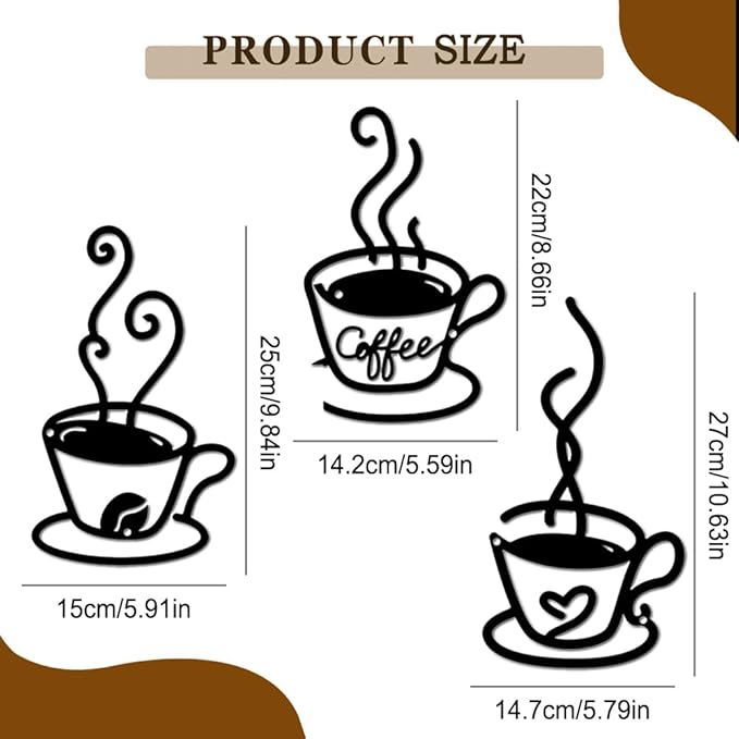 Kitchen Coffee Bar Metal Wall Decor - 3 Pack Rust-Proof Wall Art with Cup, Bean & Heart - Home Bar Signs for Indoor & Outdoor, Living Room, Kitchen, Garden - Housewarming Gift for Coffee & Tea Lovers