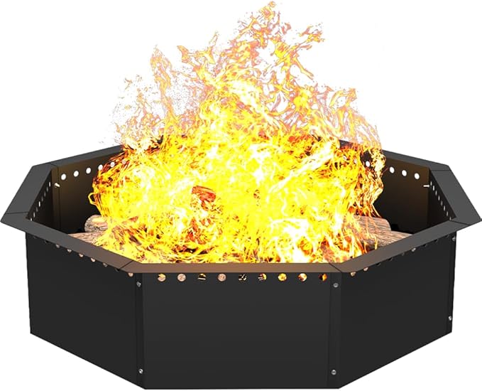 Mocomax Smokeless Fire Pit Ring 32-Inch Outer 28-Inch Inner Diameter, Large Solid Steel Firepit Liner for Outside Wood Burning, DIY Campfire Ring Above or In-Ground for Outdoor, Octagonal