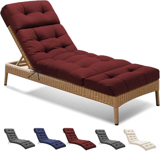 Outdoor Chaise Lounge Chair Cushion 74.4 x 22 x 4.7 Inches Non-Slip Lounge Chair Cushions for Outdoor Furniture with Ties, Patio Recliner Thickened Lounge Cushions for Indoor, Red