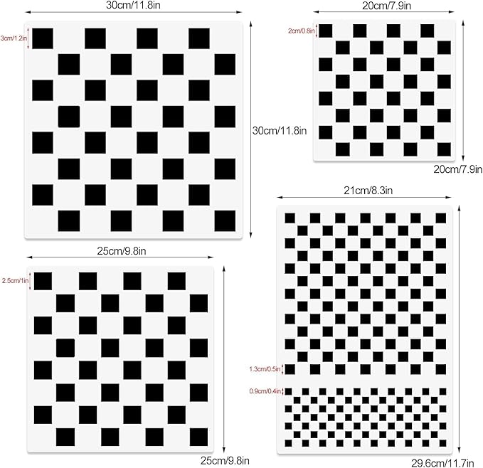 Checkerboard Stencils - 4 Pcs Assorted Sizes Reusable Checks Templates for Wood, Pillows, Walls, Scrapbooks, Cards, and DIY Crafts