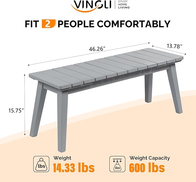 VINGLI Outdoor Wooden Bench, 45” 2-Person Backless Dining Bench, Weatherproof Outdoor Patio Bench for Porch Entryway Garden (1, Gray)
