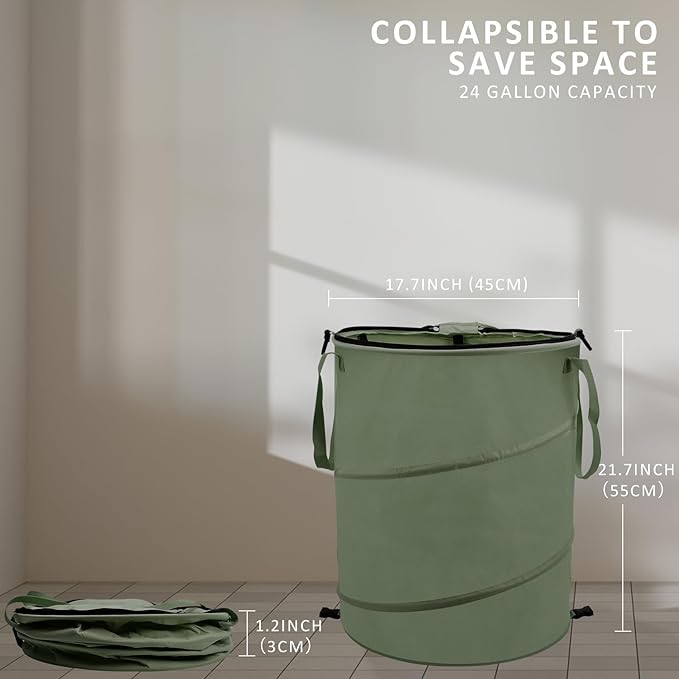 24 Gallons Collapsible Reusable Bags with Gloves, Camping Trash Can with Lid, Pop Up Garbage Can for Outdoor, Large Capacity Leaf Bags for Yard, Lawn, Reusable Garden Garbage Bag - Green