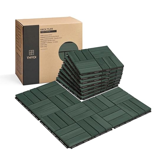 10 Pcs Deck Tiles, Patio Flooring - Outdoor Waterproof Acacia Wood Tiles for All Weather Use - Balcony, Backyard, Indoor & Outdoor (Knysna Green, 10 Square Ft)