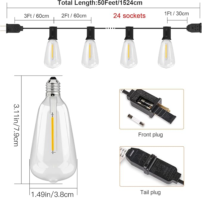 Outdoor String Lights with ST38 Clear Globe Bulbs, Black Cord, Waterproof LED Edison Filament Decorative Lighting for Patio, Garden, Backyard (ST38 Bulbs, 50FT)