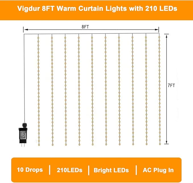 Vigdur Led Curtain String Lights, 2 Packs 8FT Window Fairy Lights for Bedroom with 210 Warm LEDs, Hanging Twinkle Indoor String Light for Party Wedding Garden Wall Decor(8 * 7ft)
