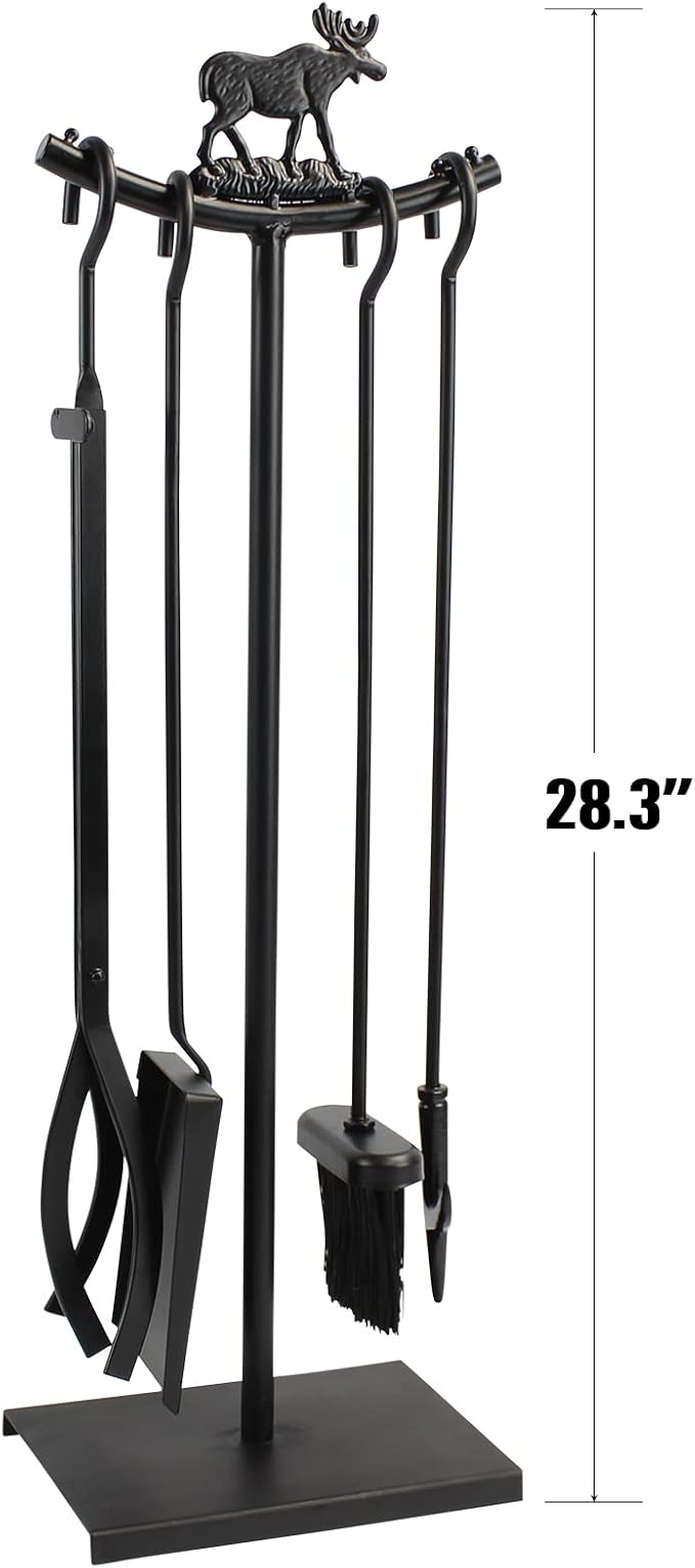5 Pieces Fireplace Tools Set Strength Wrought Iron Indoor Outdoor Fire Place Toolset Hearth Accessories Kit with Fireplace Brush, Fire Poker, Fireplace Shovel, Firewood Tong