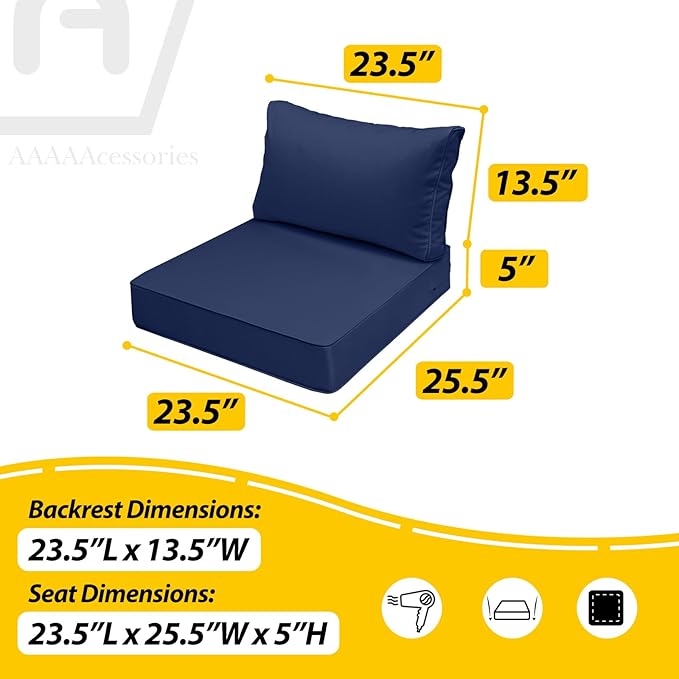 AAAAAcessories Outdoor Seat Cushions for Chairs, Fade-Resistant, Waterproof Patio Furniture Replacement Cushions, 23.5" x 25.5" x 5" + 23.5" x 13.5", Navy Blue